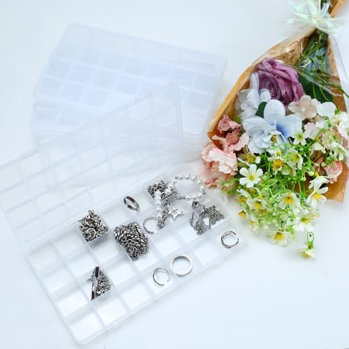 4Pcs 28 Grids Bead Organizer Box, Craft Organizers and Storage, Clear Bead Storage Containers with Fixed Dividers for Fishing Tackle Jewelry Screw Small Parts