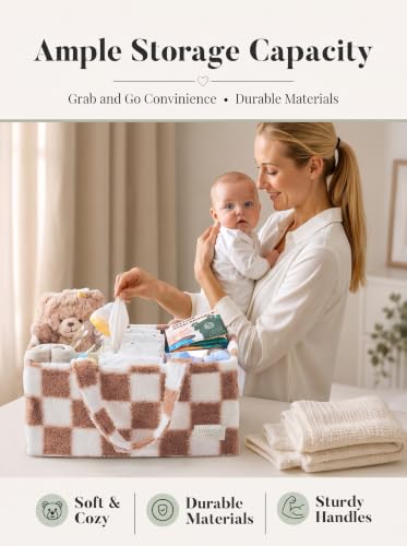 Baby Diaper Caddy Organizer with Waterproof Changing Pad, Checkered Taupe - color: 5/ Checkered Taupe Diaper Caddy with changing pad