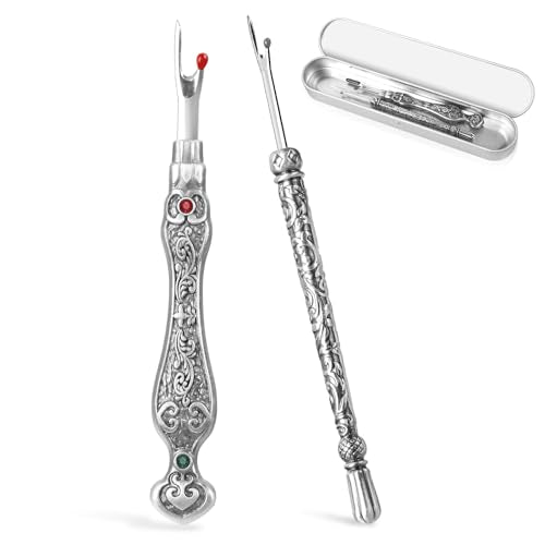 2Pcs Vintage Seam Rippers, Metal Stitch Remover Set, European Carved Handle Stitch Ripper, Sharp Durable Handy Crafting Removing Threads Tools for Needlework, Leatherwork (Silver AB) - color: Silver AB