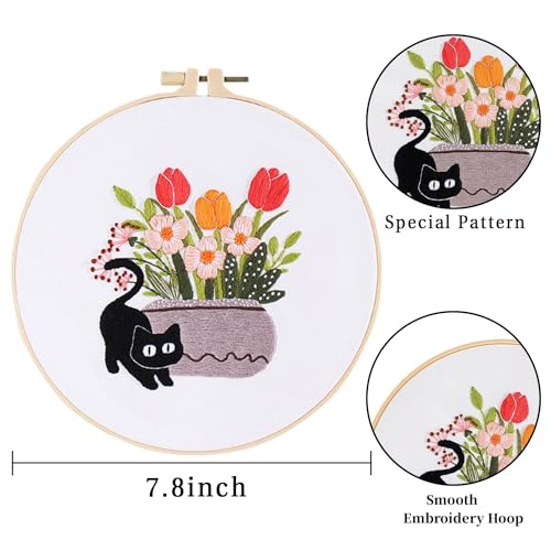 LB Cat Embroidery Kit for Beginners Adults, 3 Sets Hand Embroidery Starter Kit with Cactus Floral Pattern and Instructions Stamped Cross Stitch Kits Include Embroidery Hoop Needles Threads Scissors - color: Black