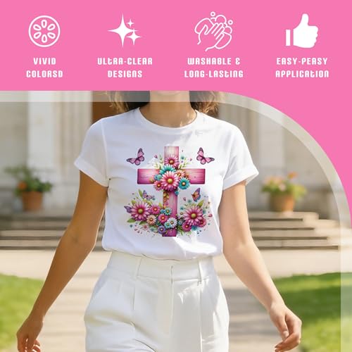 Dazoratix Floral Cross Iron on Transfers - 20 Sheets Christian Flower Butterfly DTF Ready to Press Religious Faith Heat Patches Stickers Vinyl Decals T Shirts Clothes Pillow Bag DIY Crafts Decorations - style: Floral Cross