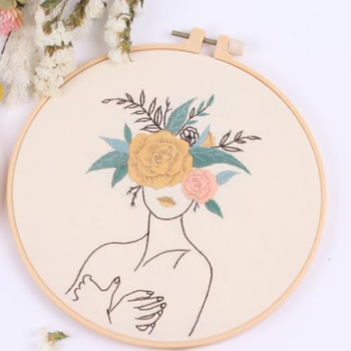 IUHUI Embroidery Kit for Beginners Adults - Fashionable Women Wearing Flowers Easy Patterns, DIY Hand Stitching Embroidery Set with Hoop (Quiet Woman) - color: Quiet Woman