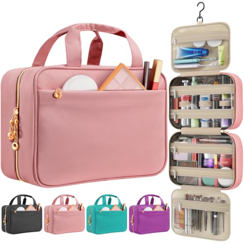 Travel Toiletry Bag for Women, Hanging Makeup Organizer Clear Pockets - color: Pink, size: Medium