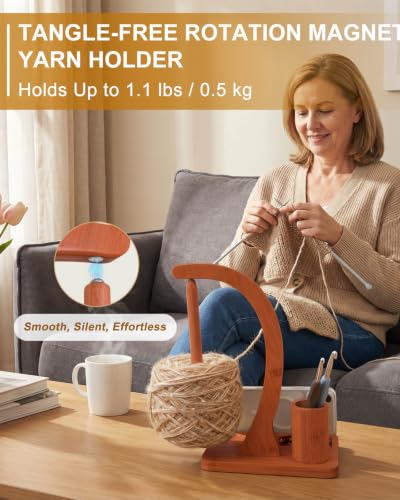 SPEENSUN Magnetic Bamboo Yarn Holder with Phone Stand, Walnut Finish - color: Walnut Finish