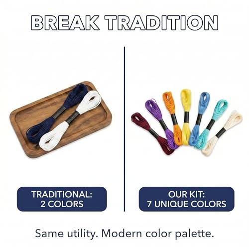 Onism Sashiko Embroidery Kit for Beginners, 7 Colors Thread & Denim Fabric