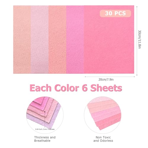30Pcs Stiff Felt Sheets, 1mm Thick Felt Fabric Squares for Sewing & DIY - color: Pink Series