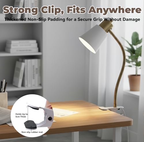 LALISU Desk lamp Eye-Caring Table Lamps 360°Rotation Gooseneck Clip on Lamp - color: White and Gold
