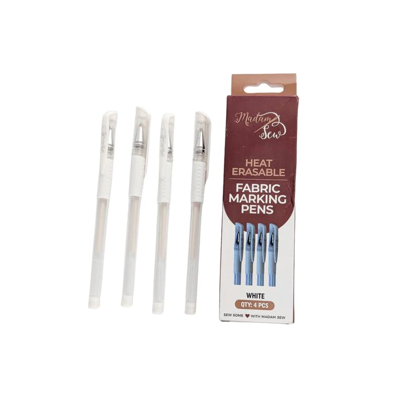 Madam Sew Heat Erasable White Fabric Marking Pen for Sewing and Quilting | Fabric Markers for Sewing, Embroidery, Dressmaking with 4 Pens | No Ghost Lines, Disappearing Ink for Precise Marking - color: White - 4 Pack