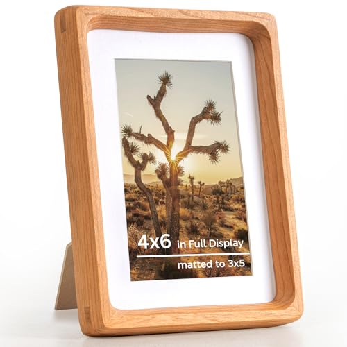 RICHFOCUS 4x6 Picture Frame USA-Sourced Natural Cherry Solid Wood Photo Frame Handcrafted Rounded Corner Wodden Frame with Real Glass Display Photos 3x5 with Mat or 4x6 Without Mat - color: Cherry, size: 4x6-1PC