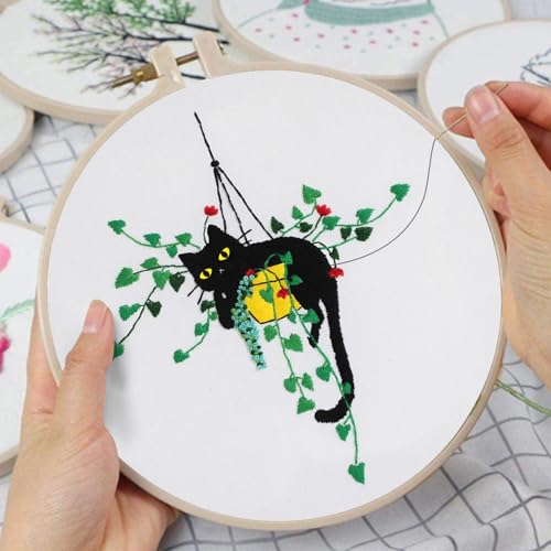 Louise Maelys Plant Cat Embroidery Kit Canvas Tote Bag for Beginners - color: plant cat