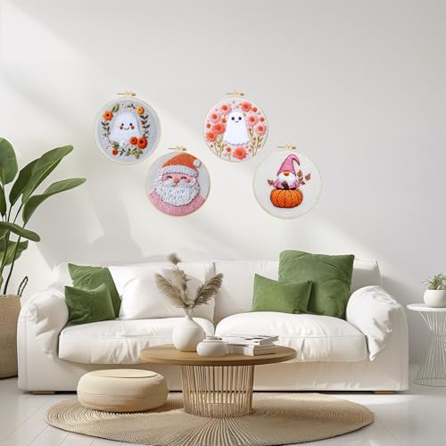 LB 4 Pack Halloween Embroidery Kit for Beginners, Halloween Ghost Christmas Santa Fall Gnome Pumpkin DIY Hand Embroidery Kit with Hoop, Threads, Holiday Craft Kit for Adults - color: Pink and White