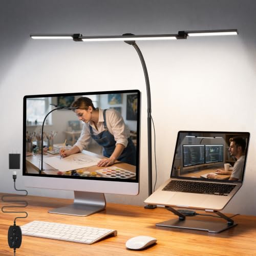 LED Desk Lamp for Office Home, 3 Head Adjustable Desk Light with Adapter - color: Black