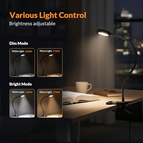 LEPOWER Clip on Light, Book Reading Lamp for Desk, Bed Headboard and Dorm - color: Black