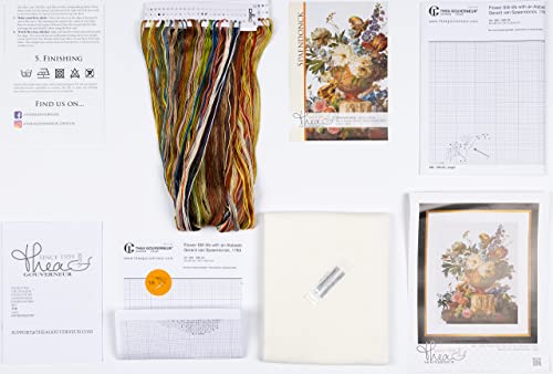 Thea Gouverneur - Counted Cross Stitch Kit - Flower Still-Life with an Alabaster Vase - Aida - 18 Count - for Adults - DMC Embroidery Threads and Other Cross Stitch Supplies Included - 580A - color: 580A Aida