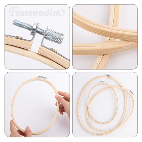 Framendino, 3 Pack 3 Sizes Oval Embroidery Hoops Bamboo Circle Cross Stitch Hoop Ring Frames for Sewing DIY Craft