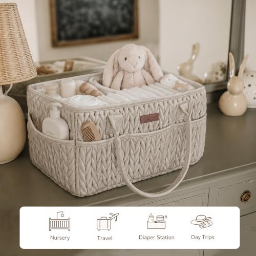 Konssy Baby Diaper Caddy Organizer, Braided Quilted Design with PU Handles - color: Snow Gray