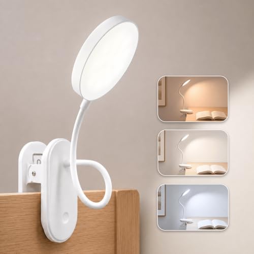 Clip on Light, Stepless Dimmable & 3 Colors Touch Control Clip On Bed Light. Dorm Room Essential 2600mAh Rechargeable Battery Powered Lamp. Flexible Clip On Lamp for Desk/Bedside/Headboard - color: White
