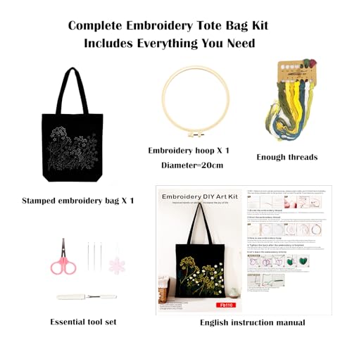 Vigdit Canvas Tote Bag Embroidery Kit for Beginners, Needlepoint Cross Stitch Kit for Adult Beginner, DIY Reusable Grocery Bags Embroidery Starter Kit with Stamped Floral Tools & Instructions - color: Flower5