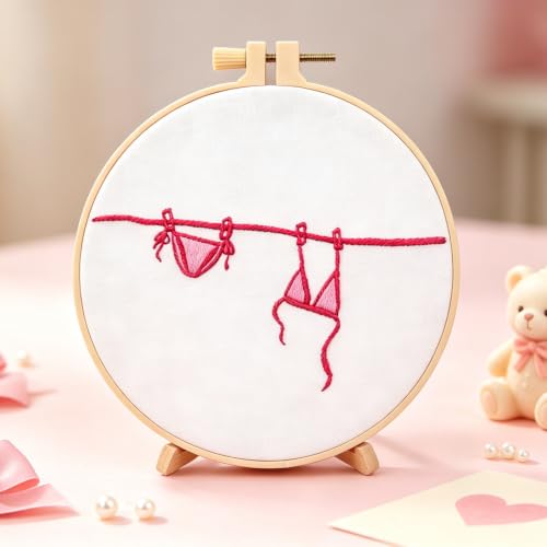Crafmanoe Easy Hand Embroidery Kits for Adults Beginners, Embroidery Starters Kits, Pink Bikini Stamped Cross Stitch Kits Needlepoint Kits for Beginners Adults, Embroidery Hoop, Thread, Video Tutorial - color: H2124, size: 6.3Inch