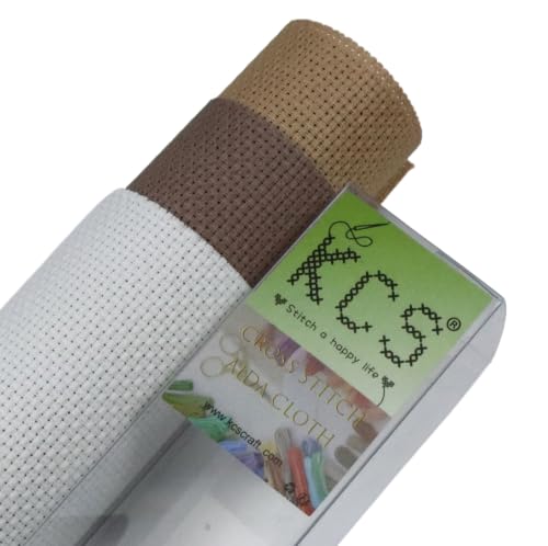 KCS 3 pc of 15" x 18"(38cmx45cm) 14 Count Cross Stitch Cotton Aida Cloth Needlework Rolled Fabric Box,14CT,Antique White +Coffee+Khaki - color: Antique White +Coffee+khaki, size: 14CT