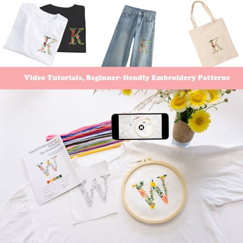 Topapfo Letter K Stick and Stitch Embroidery Kit for Clothing, Beginners Alphabet Name Embroidery Pattern Water Soluble Jeans T-Shirts Crafts - color: K