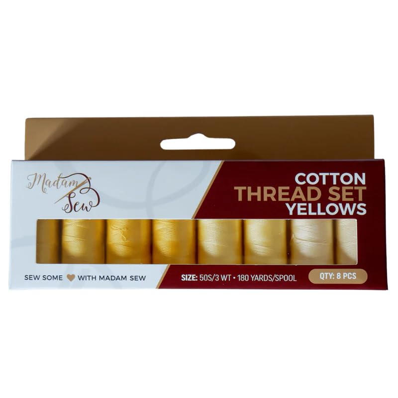Madam Sew Cotton Thread Set – 8 Small Spools – 100% Cotton Thread for Sewing Machine & Hand Stitching | Strong, Low-Lint All Purpose Threads for Fabric, Quilting, and Stitching – Yellows - color: Yellows