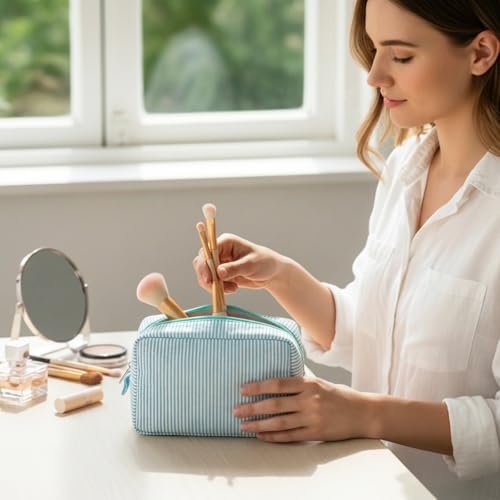 Sanwuta 3 Pcs Seersucker Makeup Bags, Mint Green - color: Mint Green