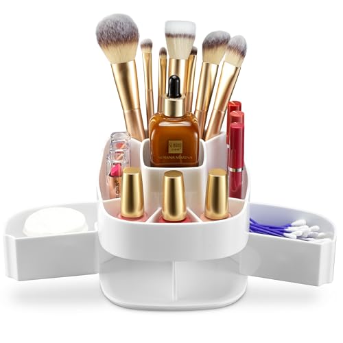 Masirs Small 360 Rotating Makeup Organizer, 5 Compartments, Square White - color: Square White