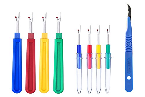 Ultima 9 Piece Colorful Seam Ripper Assortment - 8 Stitch Rippers (4 Large & 4 Small) & One 5.5" Razor Sharp Surgical Steel Seam Slicer - Perfect for Removing Unwanted Hems and Seams