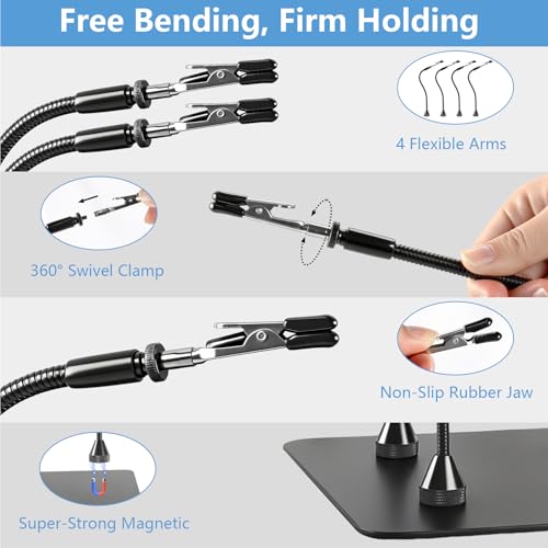 10X Magnifying Glass with Light and Stand, Black 4.3" Helping Hands Soldering Station with 4 Flexible Helping Arms, 5 Color Mode, 10 Dimmable Levels for Electronics Repair, Jewelry, Hobby - color: Black, size: Standard Helping Hands