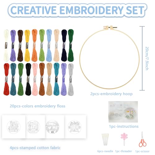 FREEBLOSS 4 Set Embroidery Kit Bookshelf Pattern Stamped Embroidery Starter Kit with Step by Step Instructions, Colored Threads, 2 Hoops, Needlepoint Kits for Hand Craft Lovers Gift, 30cm/11.8inch - style: Book Shelf