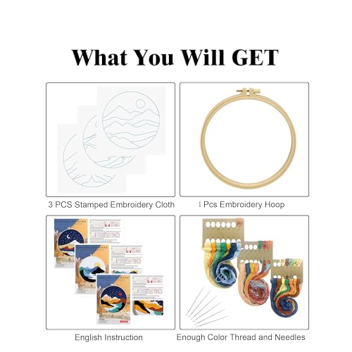 GLTAYLMY 3 Set Landscape Embroidery Kits for Beginners with Mountain Sun Moon Pattern,Adults Starter Cross Stitch Kit DIY Needlepoint Kits - color: Landscaping2