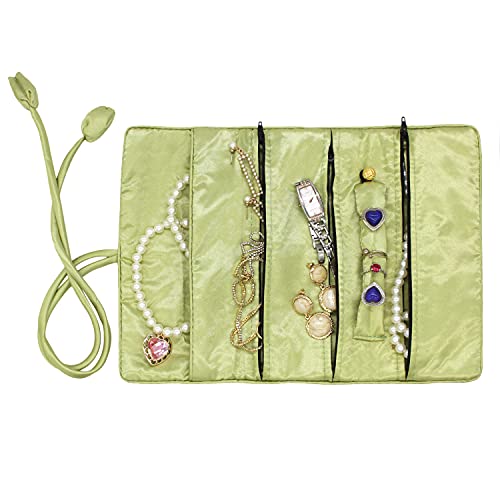 SmilerSmile Jewelry Travel Bag Embroidery Travel Jewelry Organizer with Tie Close Embroidered Flower Jewelry Roll for Women Girls (Bamboo Green) - color: Bamboo Green