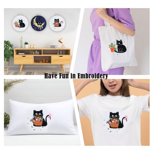 EOBTAIN 3 Pcs Black Cat Embroidery Kit for Beginners, Animal with Floral Embroidery Kits for Adults,Flower Embroidery Starter Kit with Pattern,Hoop,Thread,Needles,Hand DIY Craft Kits for Adults - color: Cat