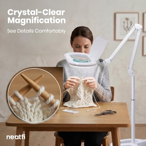 Neatfi LED Magnifying Floor Lamp | 1.75x + 4X (3D + 12D) Magnification | 12W Power | Dimmable 6500K Cool White | Adjustable Arm | Lamp for Reading, Crafts & Precision Work (White, 6.8 Inches) - color: White, size: 6.8 Inches