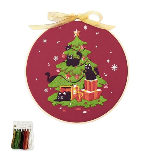 artcici Embroidery Kits Christmas Tree Black Cat Patterns for Beginners Adults, Full Range Embroidery Starter Kits Cross Stitch Needlework Supplies (Black Cat) - color: Black Cat