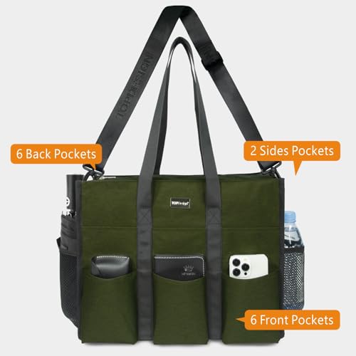 TOPDesign Utility Water Resistant Tote Bag with 22 Pockets, Zipper Closure - color: Green, size: Medium