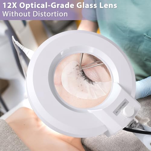 LANCOSC 12X Magnifying Glass with Light and Stand, Floor Lamp with 5-Wheel Rolling Base for Facials Lash Estheticians, 2200 Lumens Dimmable LED Lighted Magnifier for Reading Sewing Crafts Close Work - size: 12X