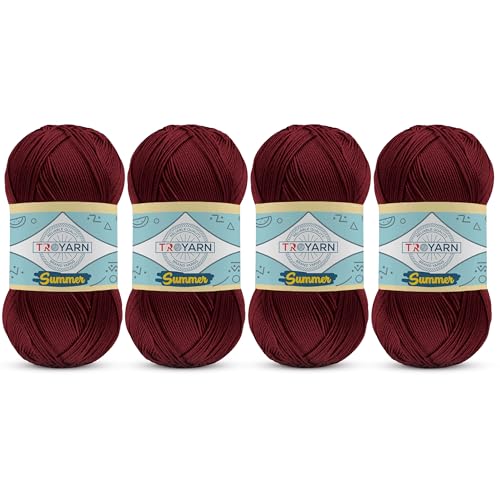 TROYARN Summer (4- Skeins Pack) Silk Effect Hand Knitting Yarn Crochet Art Lace Craft 100% Microfiber Acrylic 4x100 gr (4x383 yds) (105057 - Claret Red) - color: 105057 - Claret Red, size: 4 Skein