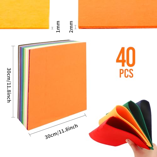 40PCS 12 x 12”(30 X 30cm), 2mm Thick Stiff Felt Fabric Sheets Assorted Colours Felt Pack DIY Craft Squares Nonwoven Used for DIY Crafts Ornament Crafts