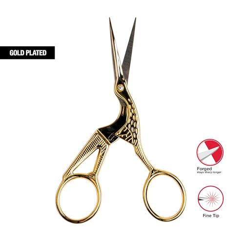 SINGER 4 Inch Forged Embroidery Scissors with Curved Tip for Sewing, Cross-Stiching, Crafts, & More (Gold Stork Design, 1-Pack)