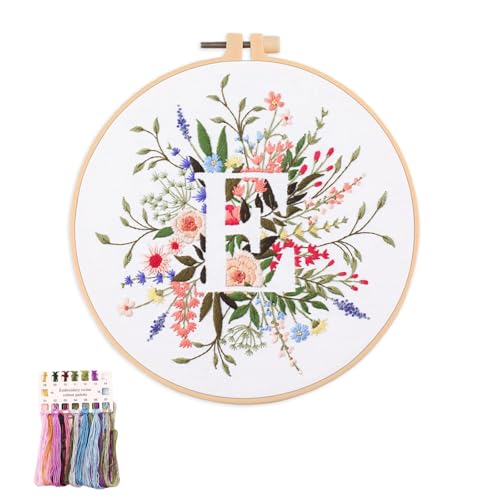 artcici Embroidery Kits Plant Flower Leaf English Letter Patterns for Beginners Adults, Full Range Embroidery Starter Kits Cross Stitch Needlework Supplies (Letter E) - color: Letter E