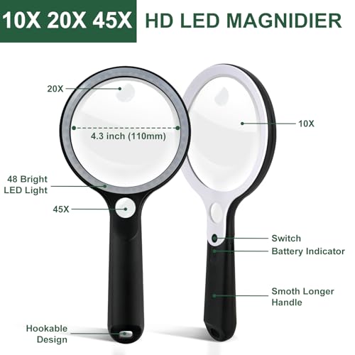 10X 20X 45X Magnifying Glass with 48 LED Light - color: Black Handle