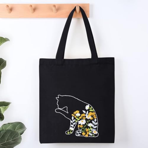 Smart-Feather Cat Embroidery Kit for Beginners Adults, Hand Embroidery Tote Bag Kit with Hoop and Patterns