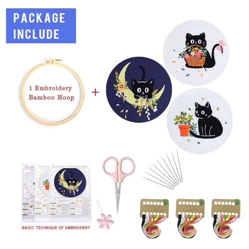 EOBTAIN 3 Pcs Black Cat Embroidery Kit for Beginners, Animal with Floral Embroidery Kits for Adults,Flower Embroidery Starter Kit with Pattern,Hoop,Thread,Needles,Hand DIY Craft Kits for Adults - color: Cat