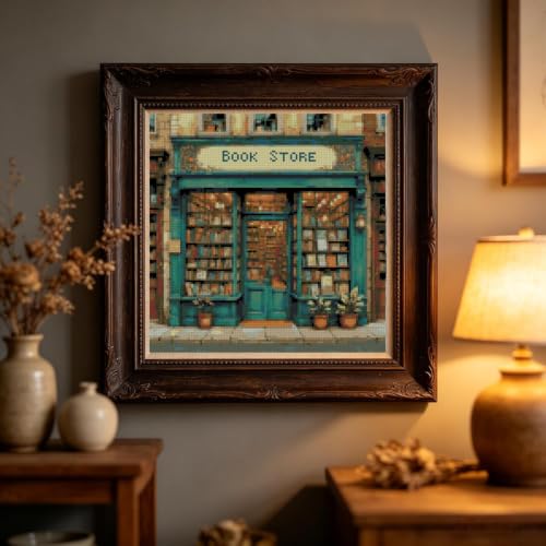 Vintage Book Store Stamped Cross Stitch Kits for Adults, 11CT Needlepoint Counted Cross Stitch Kits for Beginner, Printed Dimensions Embroidery Kit Art Craft for Home Wall Decor 14x14 Inch - color: SZXY010-US