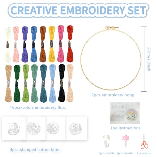 FREEBLOSS 4 Sets Embroidery Kit for Beginners Needlepoint Dragon&Cloud Stamped Embroidery Starter Kit with Instructions, Needles, Threads, 2 Hoops 11.6"/29.5CM - style: Traditional Dragon