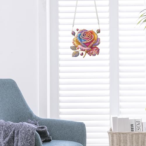 JISHSHAY Diamond Painting Pendant Flower Diamond Art Hanging Ornament Rose Gem Art Window Hanging Gem Painting Wind Chimes Mosaic Kits for Adults Windchimes Embroidery Suncatchers Sun Catchers - color: Flower 2