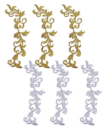 6 Pieces Metallic Leaves Embroidered Iron on Patch Flower Vine Border Lace Applique Long Scroll Motif for Dress Pillow Sewing Accessories Embellishment (Mixed) - color: Mixed