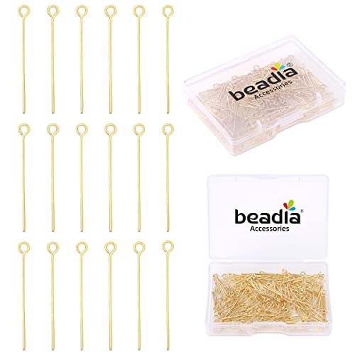 BEADIA 14K Gold Plated Open Eye Pins Non Tarnish 20mm 200pcs for Jewelry Making Findings - color: Open Eye Pins 14k Gold, size: 20x0.7mm